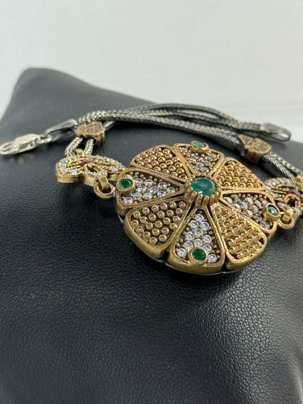 Bracciale Argento 925 Radice di Smeraldo Verde Design Floreale con Rubino – Pezzo Unico