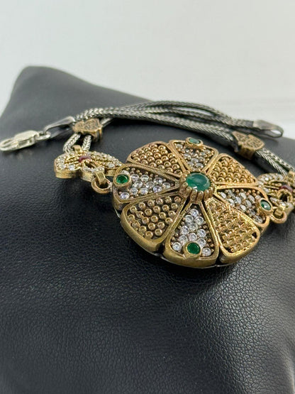 Bracciale Argento 925 Radice di Smeraldo Verde Design Floreale con Rubino – Pezzo Unico