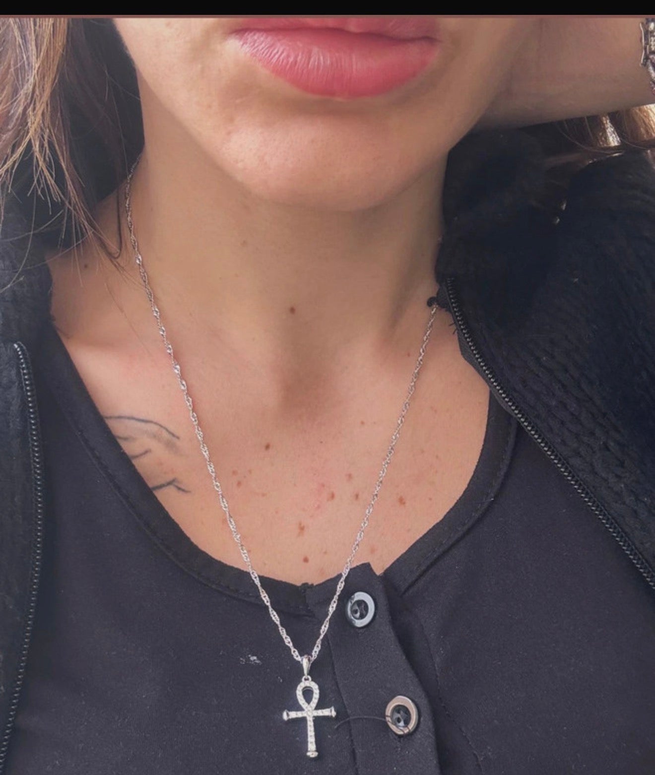 Collana Lunga in Argento 925 con Ciondolo Croce Ank e Zirconi Bianchi