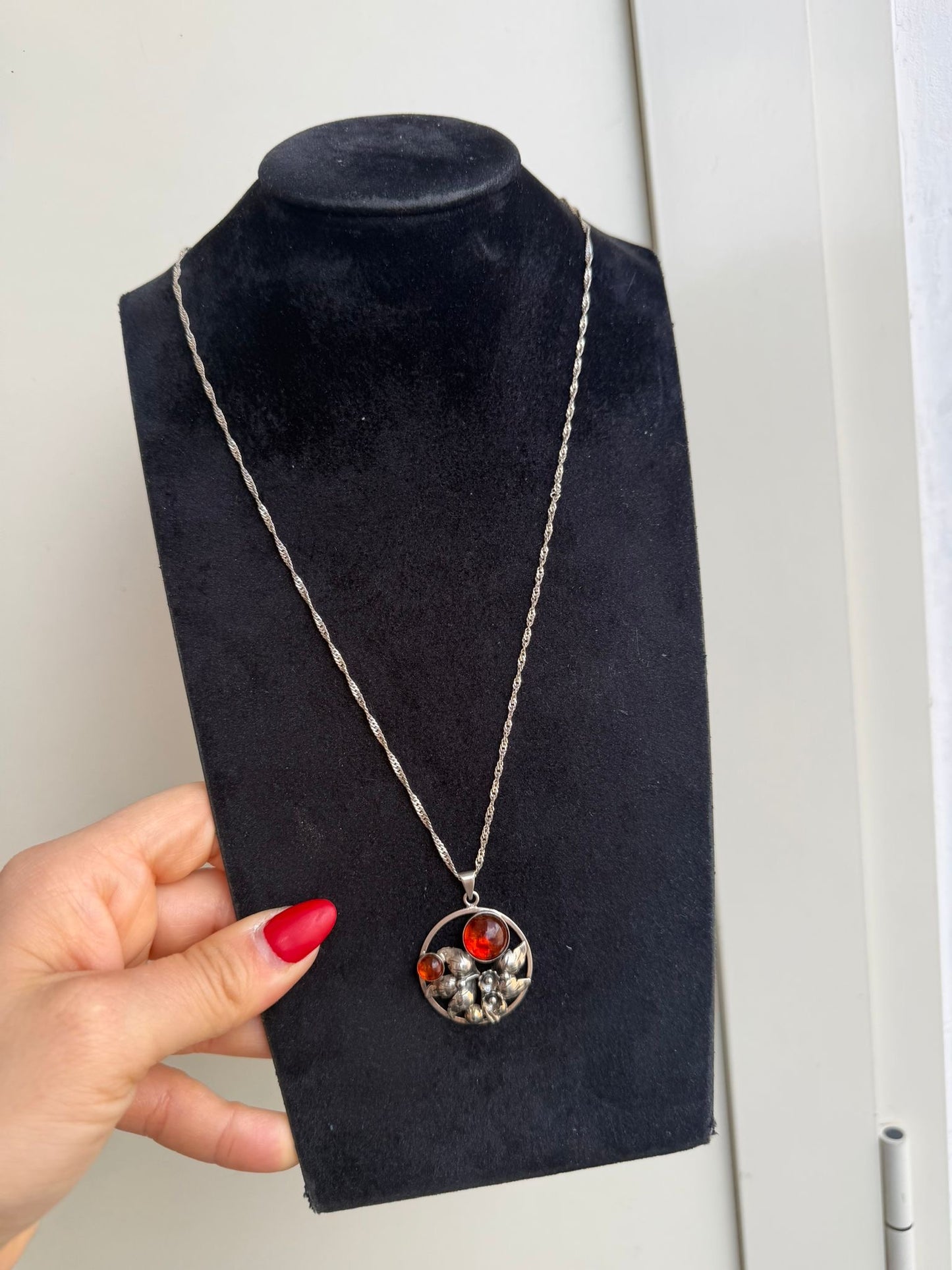 Collana in argento 925 ambra con fiori firmata Danehof – Pezzo unico