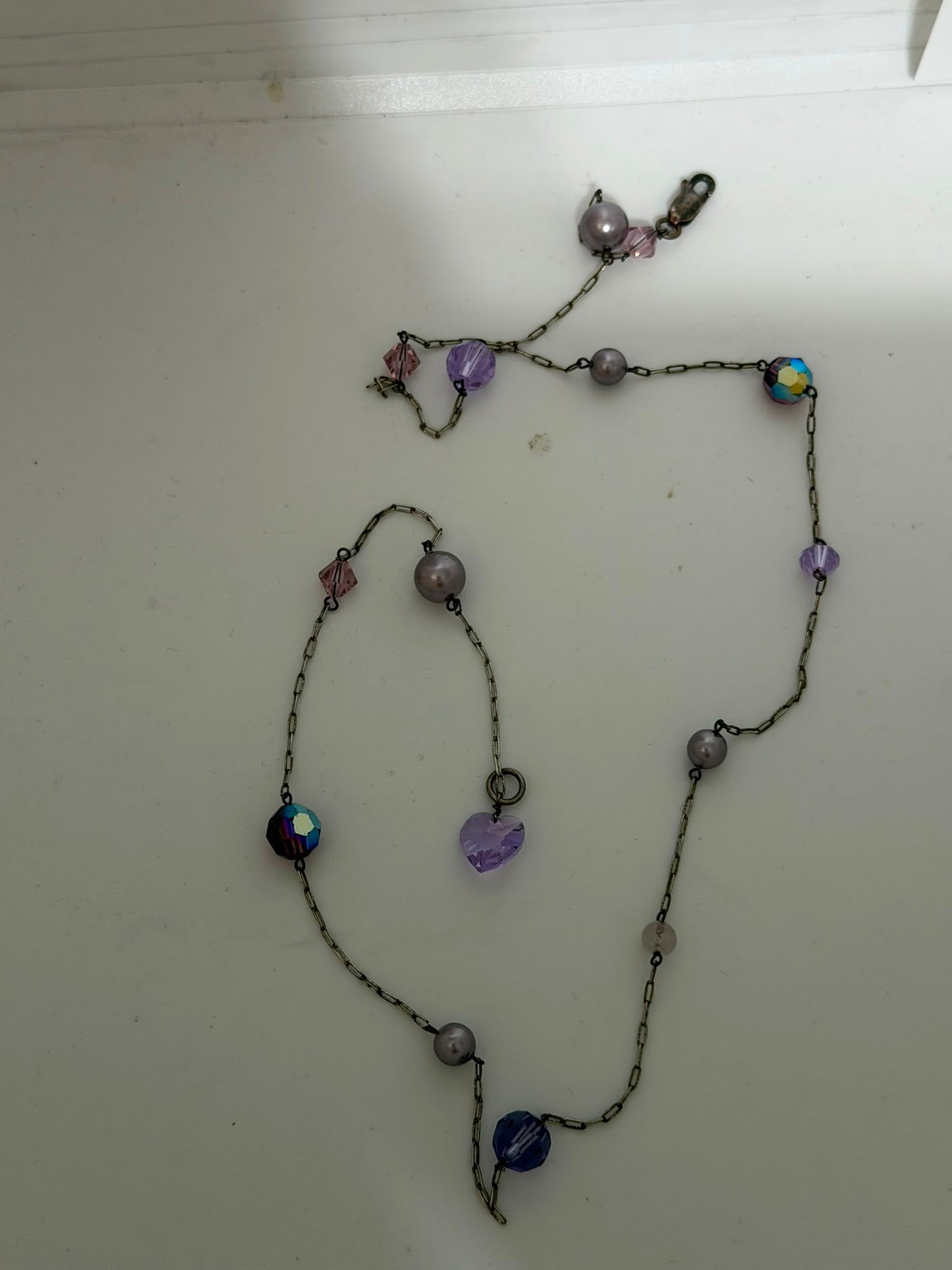 Collana in argento 925 con pietre viola, perle e cuore di ametista – Artigianale