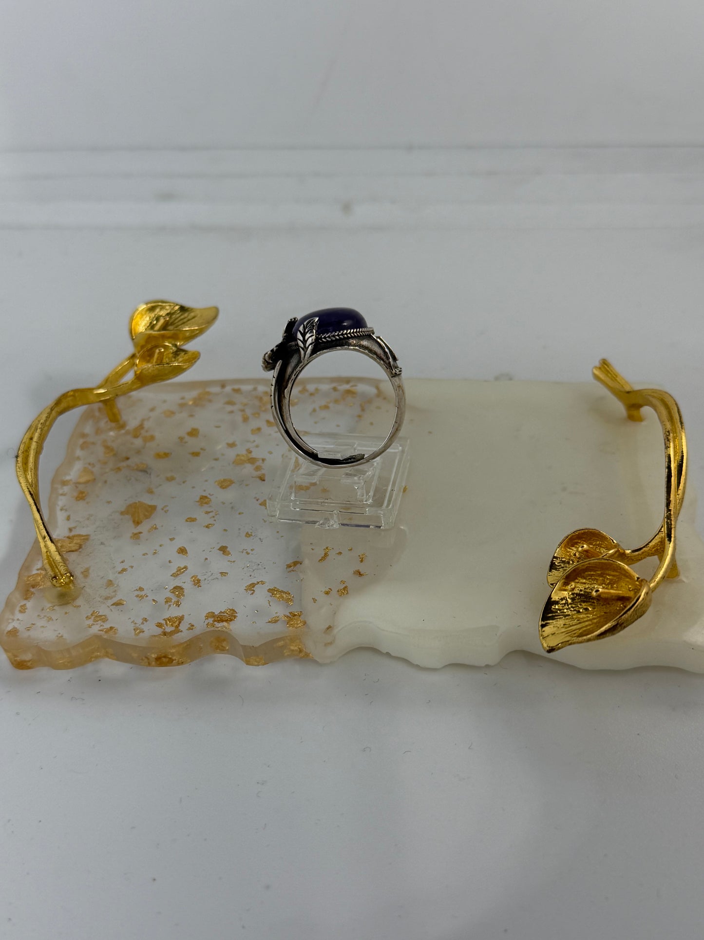 Anello Regolabile in Argento 925 con Ametista Viola, Fiori e Foglie – Pezzo Unico Artigianale