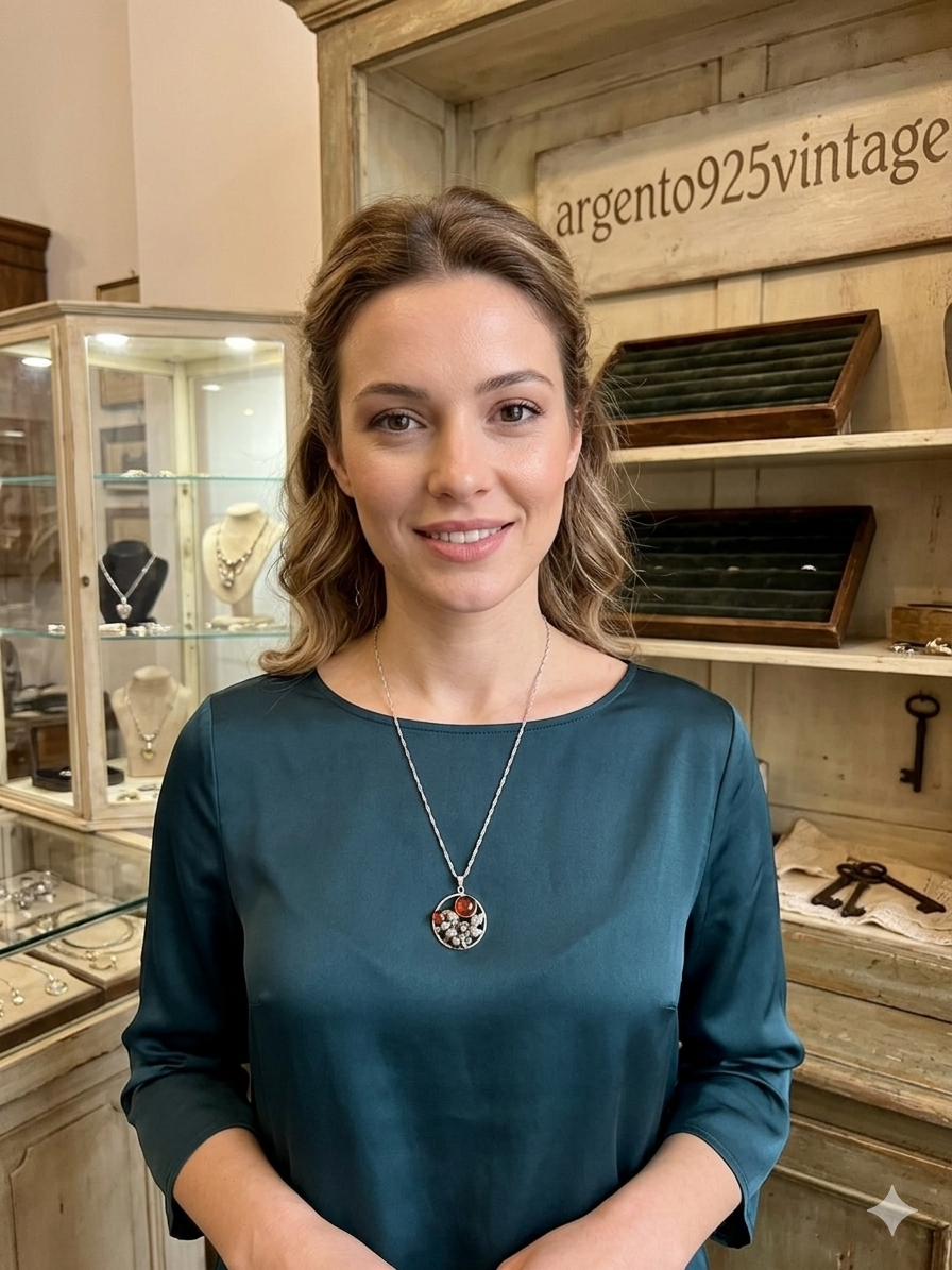 Collana in argento 925 ambra con fiori firmata Danehof – Pezzo unico