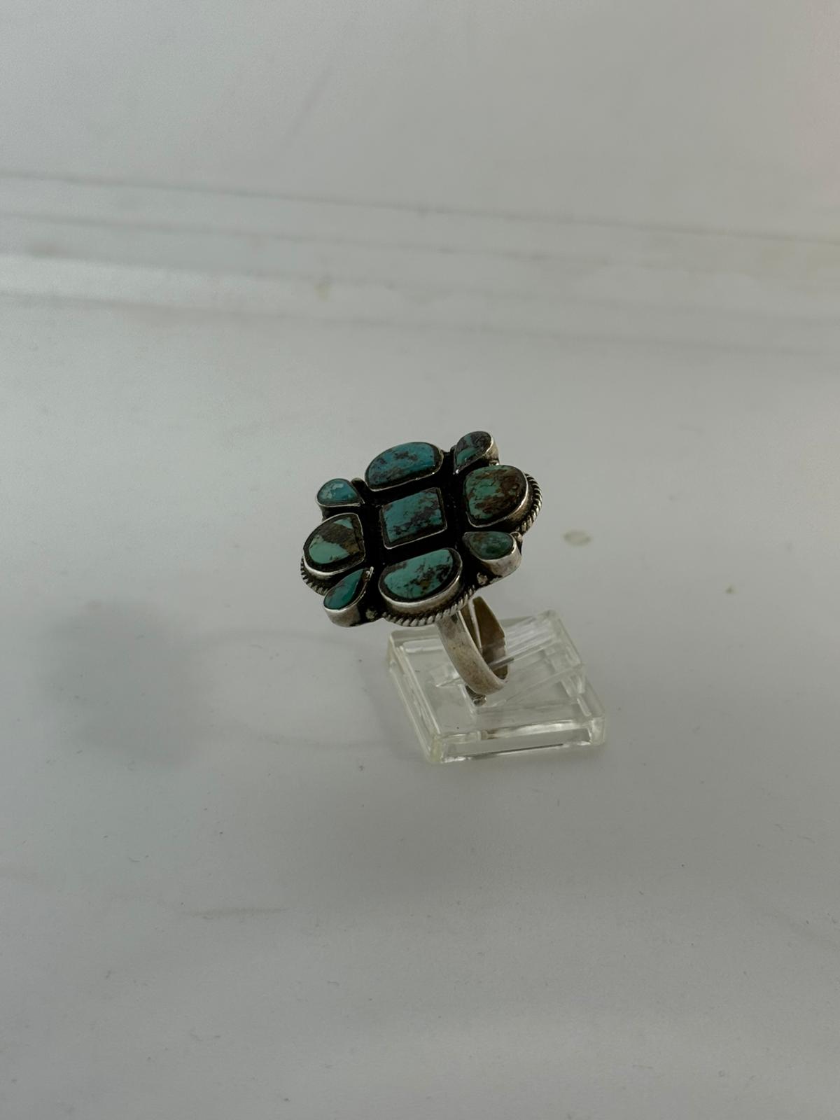 Anello Fiore Argento 925 con Turchese Verde Naturale | Regolabile | Pezzo Unico