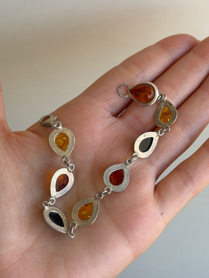 Bracciale in Argento 925 con Ambra Baltica a Tre Colori – Marrone, Gialla e Verde
