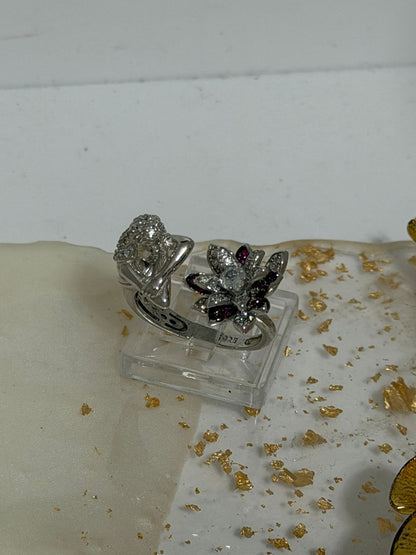 Anello Sirena in Argento 925 con Fiore, Pietre Bianche e Fucsia