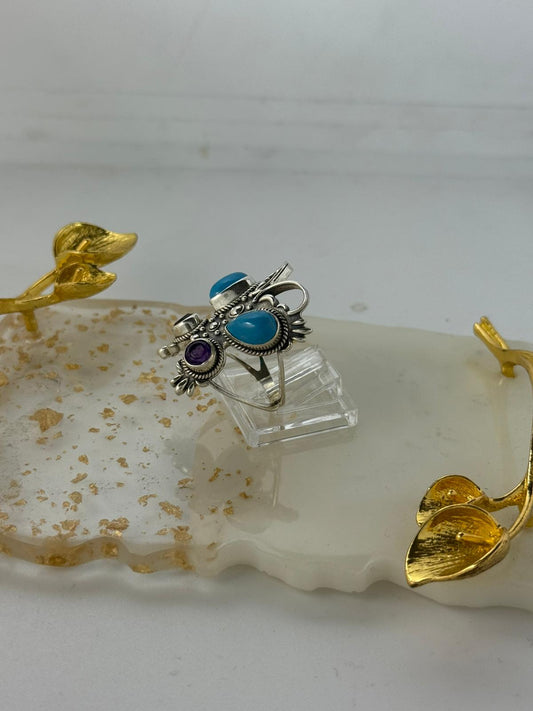 Anello Gufo Argento 925 con Ametista Viola e Turchese – Pezzo Unico