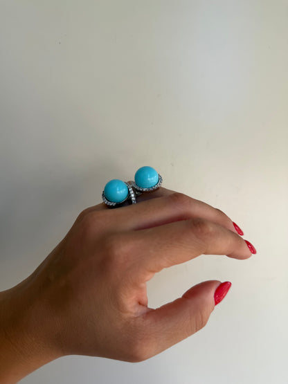 Anello in Argento 925 con Due Sfere di Turchese e Zirconi Bianchi