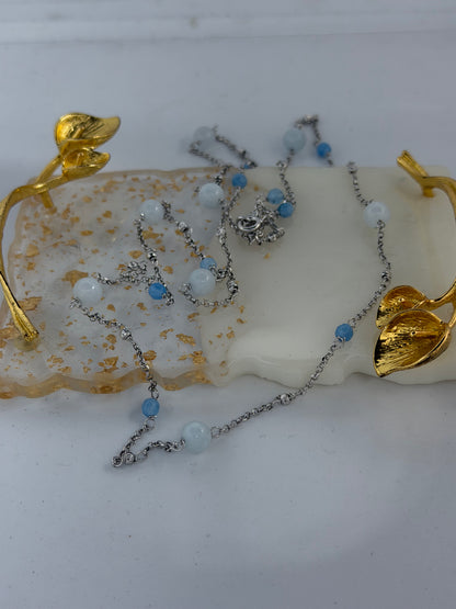 Collana lunga in argento 925 pietre agata blu e calcedonio.