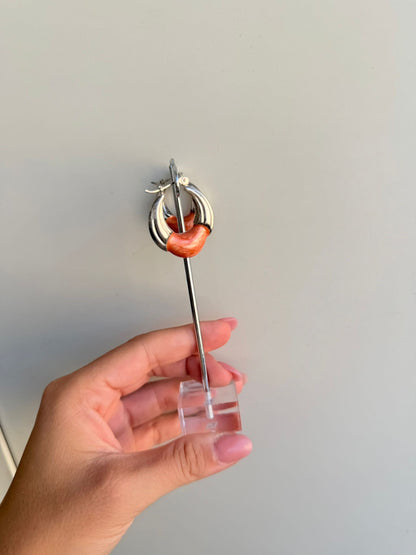 Orecchini in Argento 925 a Cerchio Bombato con Smalto Arancione — Anni '60