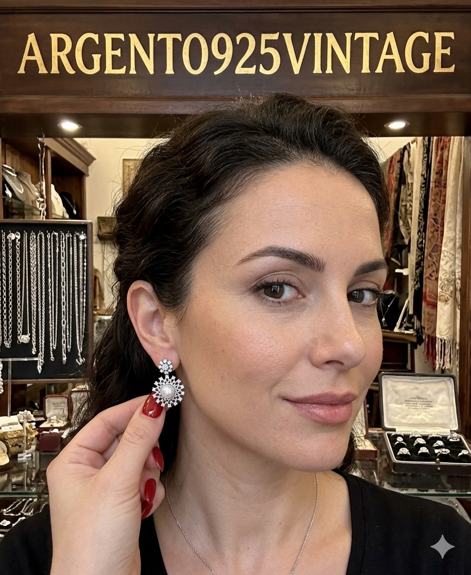 Orecchini Argento 925 Perla Zirconi | Pezzo Unico Vintage Elegante