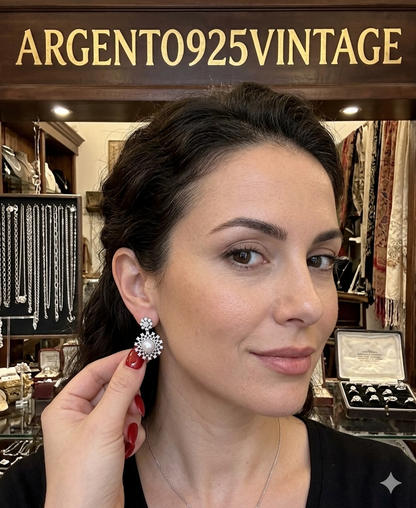 Orecchini Argento 925 Perla Zirconi | Pezzo Unico Vintage Elegante