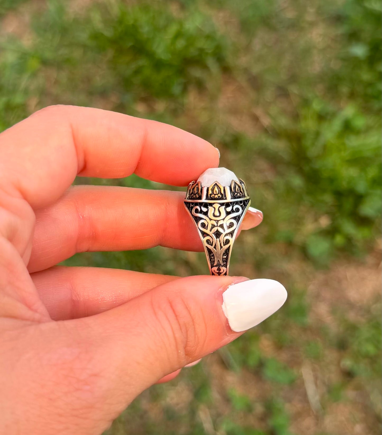 Anello in Argento 925 e Bronzo con Pietra di Luna Taglio Sfaccettato