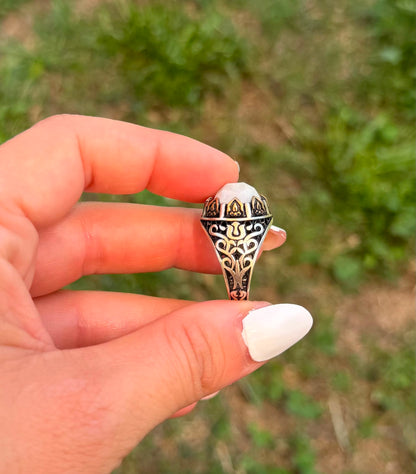 Anello in Argento 925 e Bronzo con Pietra di Luna Taglio Sfaccettato