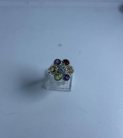 Anello Fiore Argento 925 con 5 Pietre Multicolor | Misura 17-18 | Pezzo Unico