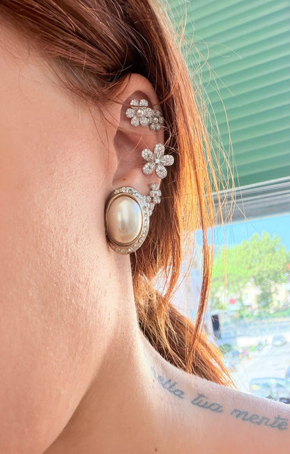 Orecchini in Argento 925 Dorato con Perla Bianca e Pietre Bianche Incastonate