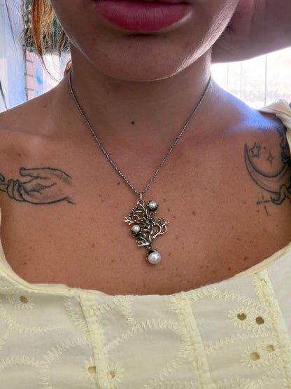 Collana in Argento 925 con Ramo di Corallo e Perle Bianche