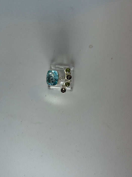 Anello Argento 925 Acquamarina Serpentino Verde e Quarzo | Regolabile | Pezzo Unico