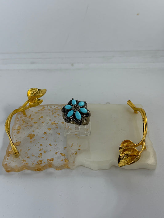 Anello a Fiore in Argento 925 con Petali Turchesi e Marcasiti