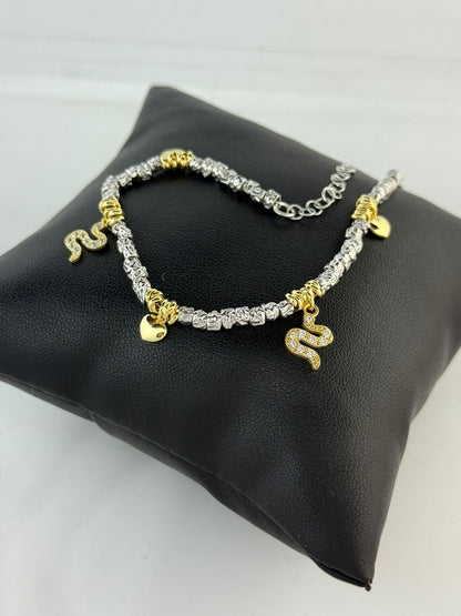 Bracciale Argento 925 Pepite Ciondoli Oro 18kt Cuori Serpenti Zirconi