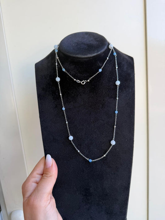 Collana lunga in argento 925 pietre agata blu e calcedonio.