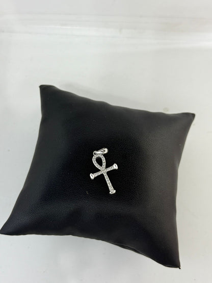 Collana Lunga Argento 925 con Croce Ank e Zirconi Bianchi – Simbolo Egizio Pezzo Unico
