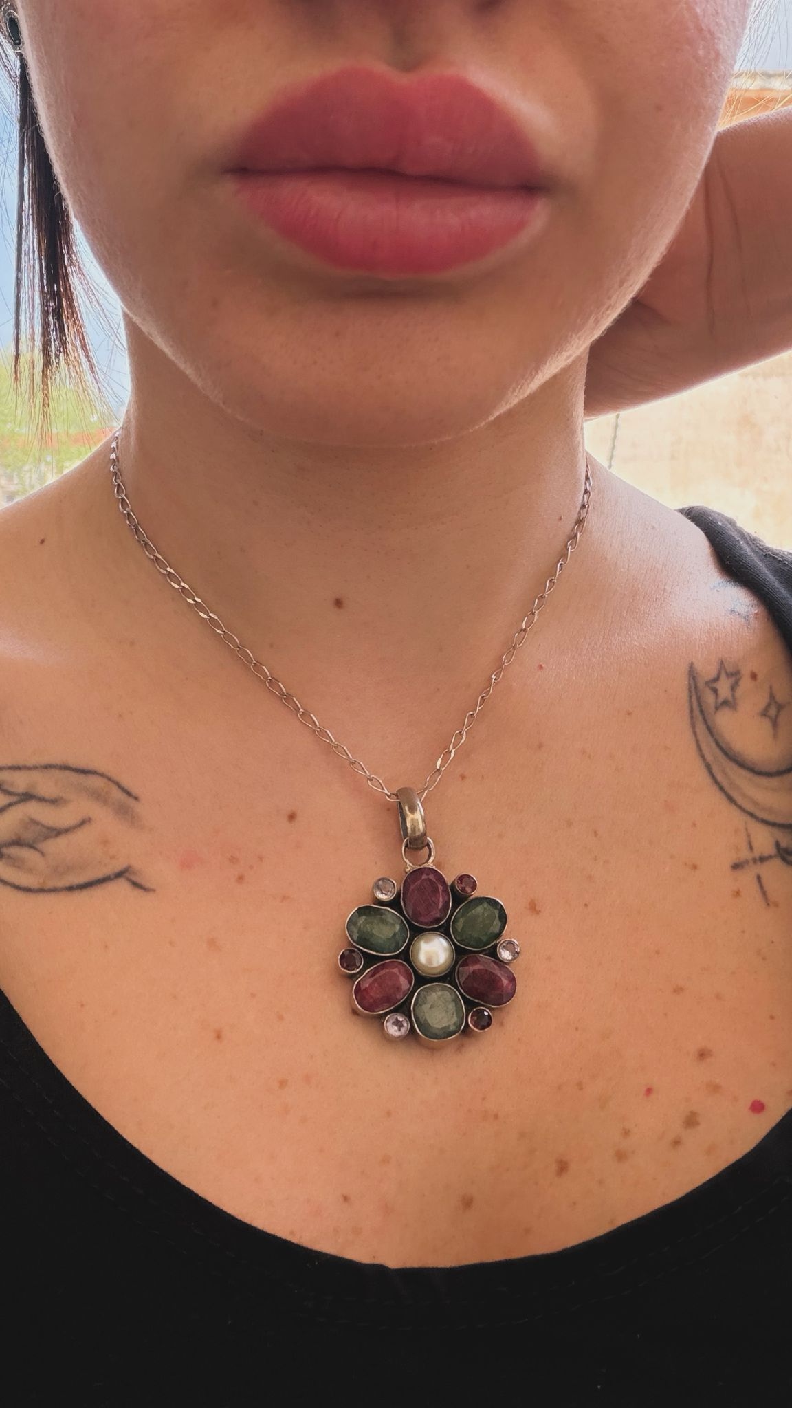 Collana in argento 925 fiore con pietre preziose – Artigianale