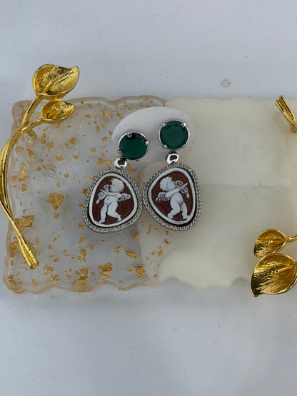 Orecchini al Lobo in Argento 925 Cammeo su Conchiglia e Pietra Verde