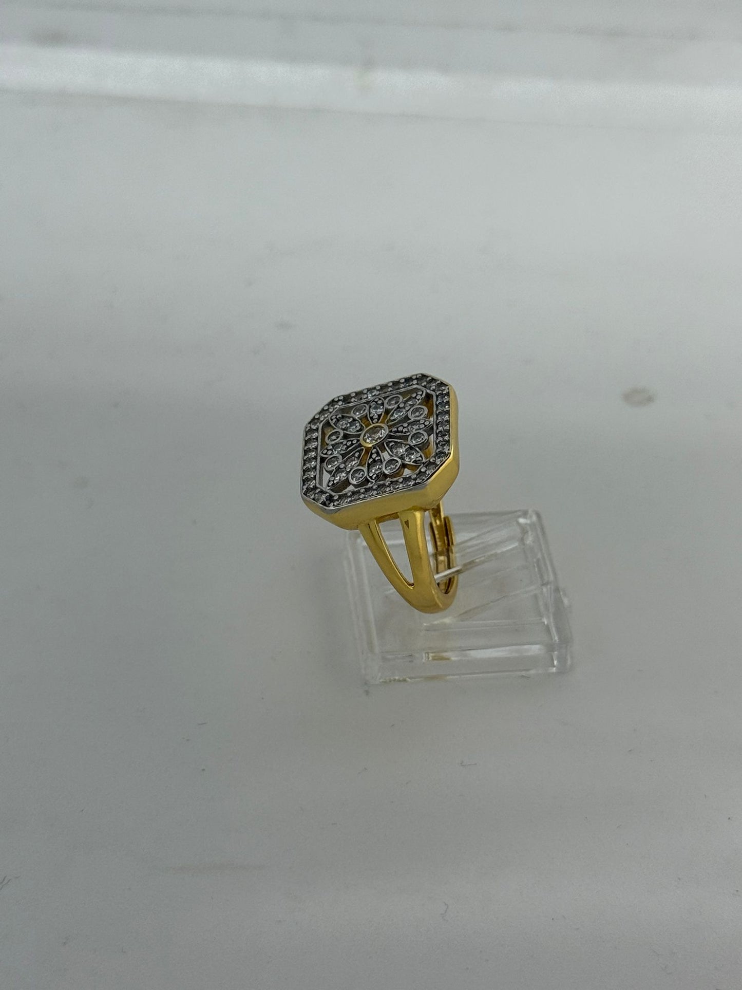 Anello Art Déco Argento 925 Oro con Fiore e Pietre Bianche | Regolabile | Pezzo Unico
