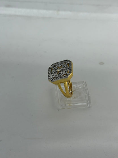 Anello Art Déco Argento 925 Oro con Fiore e Pietre Bianche | Regolabile | Pezzo Unico