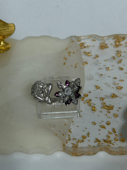 Anello Sirena in Argento 925 con Fiore, Pietre Bianche e Fucsia