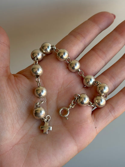 Bracciale in Argento 925 Sfere Lisce Grandi con Croce Pendente
