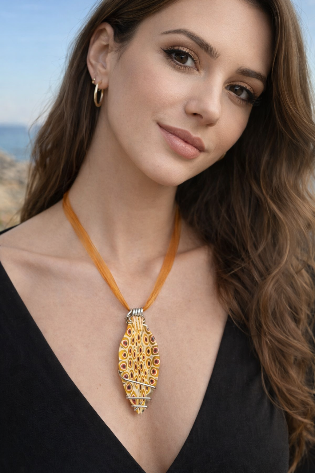 Collana Argento 925 con Ciondolo Piuma Grande e Pietra Murrina – Pezzo Unico