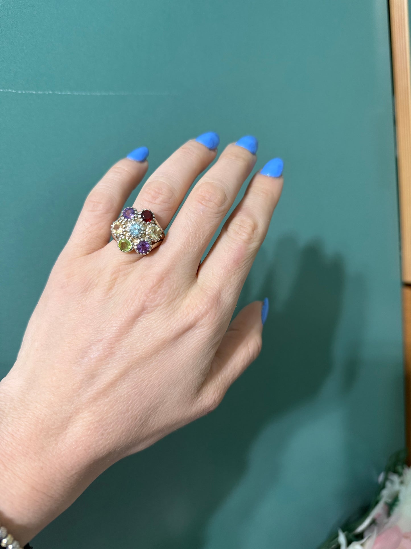 Anello Fiore Argento 925 con 5 Pietre Multicolor | Misura 17-18 | Pezzo Unico