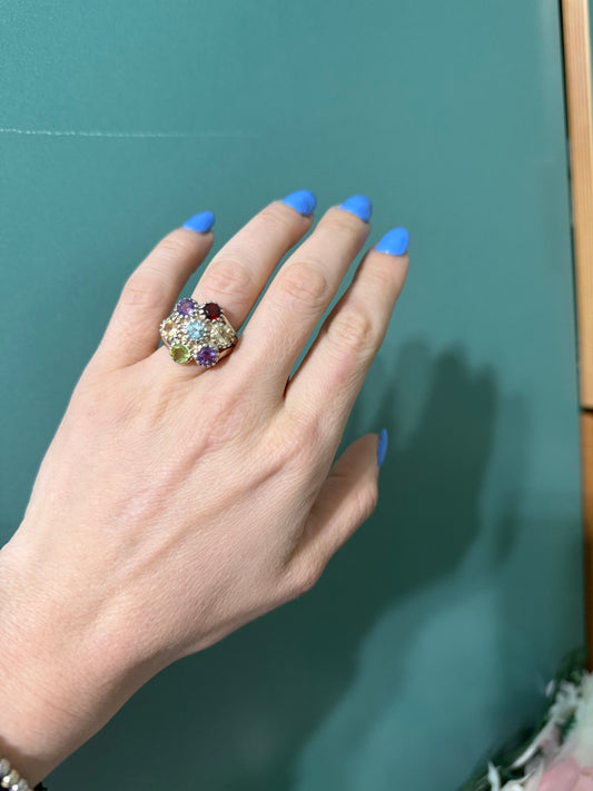 Anello Fiore Argento 925 con 5 Pietre Multicolor | Misura 17-18 | Pezzo Unico