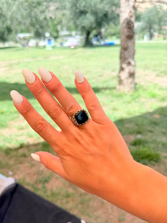 Anello Quadrato in Argento 925 con Pietra Onice Nero