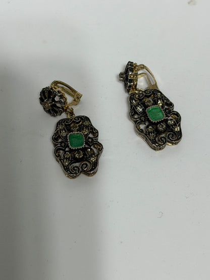 Orecchini in Argento 925 Smalto Verde con Bagno Oro e Pietre Bianche