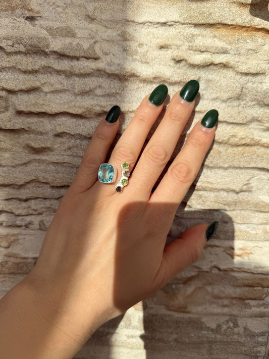 Anello Argento 925 Acquamarina Serpentino Verde e Quarzo | Regolabile | Pezzo Unico