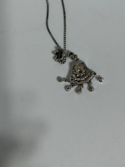 Collana in Argento 925 con Ciondolo Art Déco Stile Liberty e Fiore con Pietre Bianche