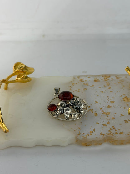 Collana in argento 925 ambra con fiori firmata Danehof – Pezzo unico