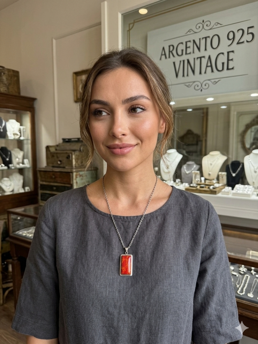 Collana in argento 925 con ciondolo rettangolare in diaspro rosso