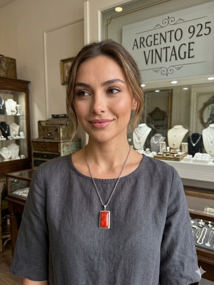 Collana in argento 925 con ciondolo rettangolare in diaspro rosso