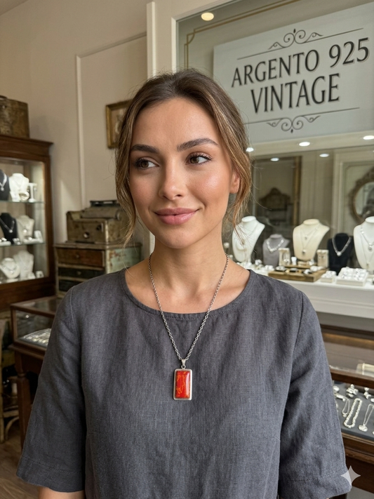 Collana in argento 925 con ciondolo rettangolare in diaspro rosso