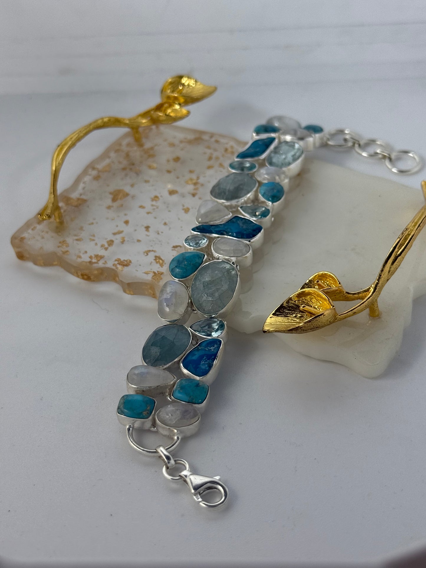 Bracciale in argento 925 con acquamarina, turchese, pietra di luna e quarzo – Pezzo Unico