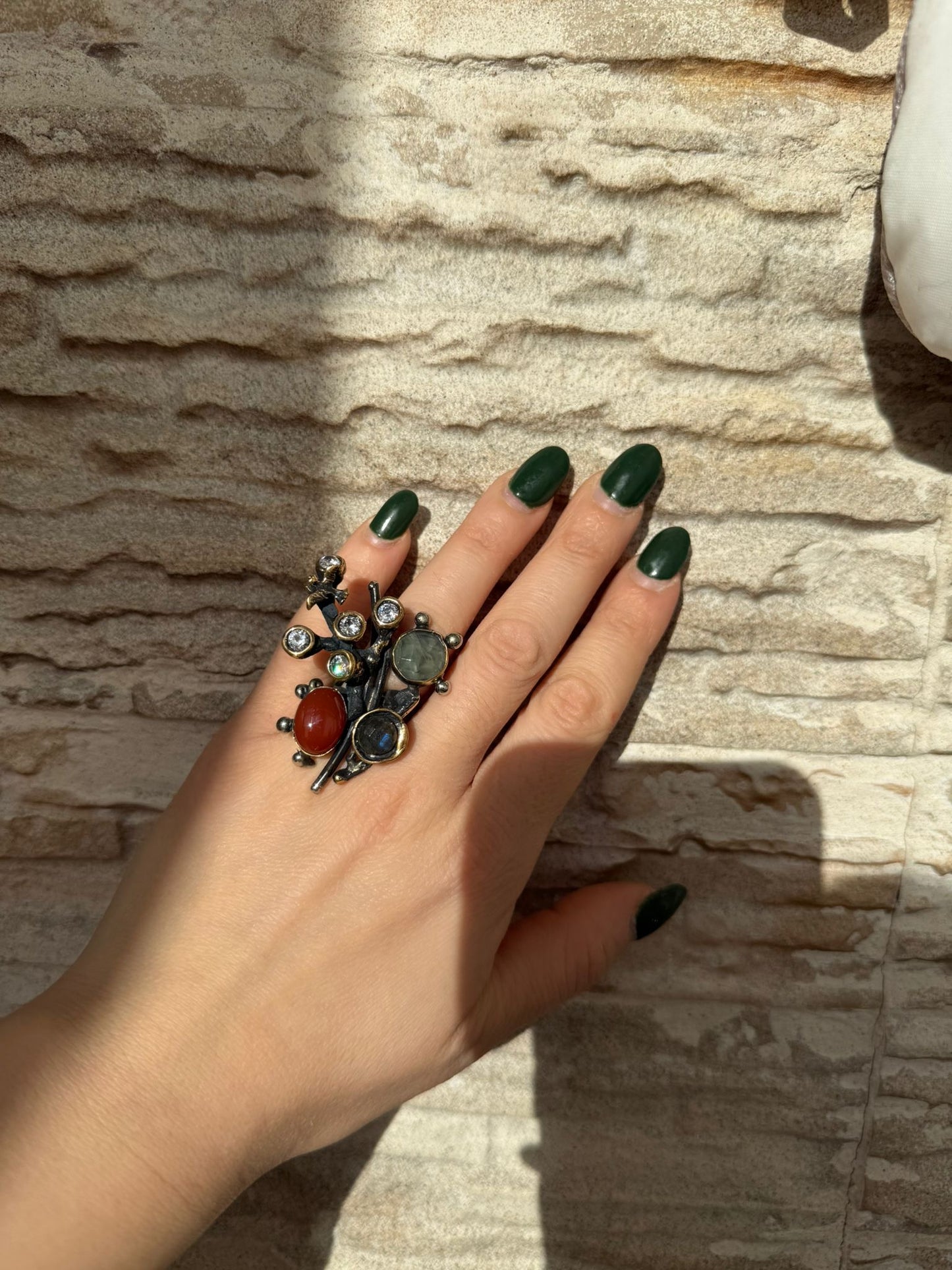 Anello Rondine Argento 925 e Bronzo con Corniola Abalone e Giada | Regolabile | Pezzo Unico