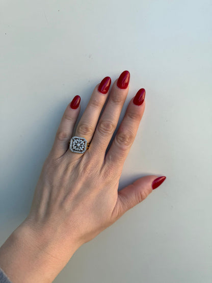 Anello Art Déco Argento 925 Oro con Fiore e Pietre Bianche | Regolabile | Pezzo Unico