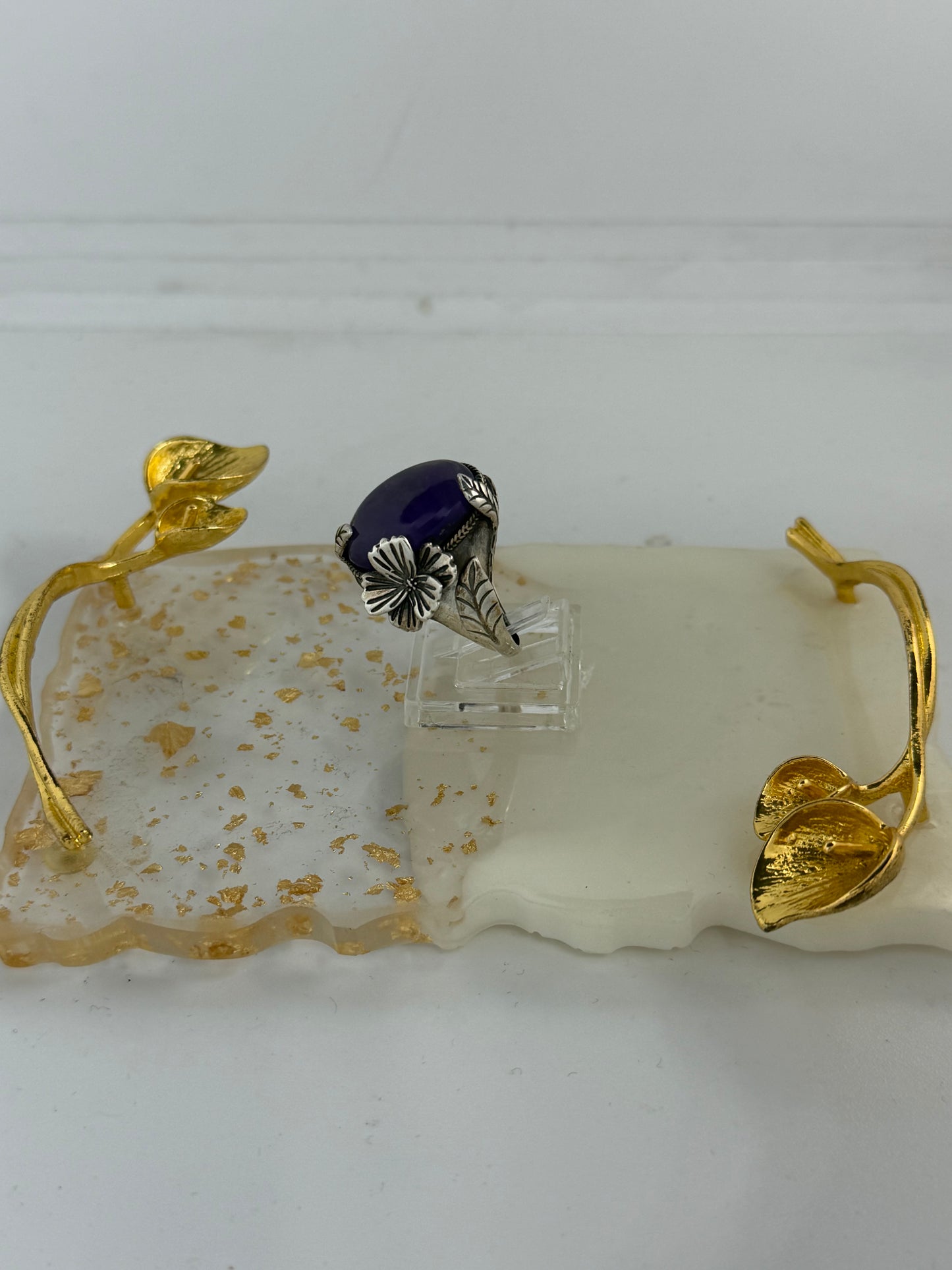 Anello Regolabile in Argento 925 con Ametista Viola, Fiori e Foglie – Pezzo Unico Artigianale