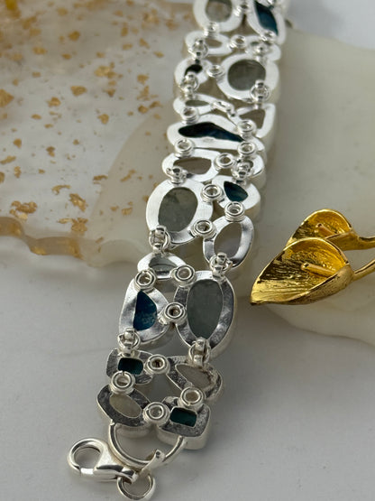 Bracciale in argento 925 con acquamarina, turchese, pietra di luna e quarzo – Pezzo Unico