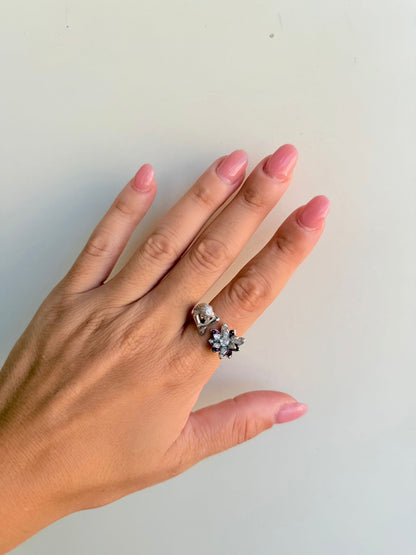 Anello Sirena in Argento 925 con Fiore, Pietre Bianche e Fucsia