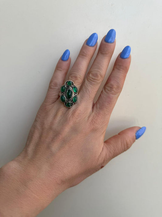 Anello Fiore Argento 925 Giada Verde e Radice di Smeraldo | Misura 22 | Pezzo Unico